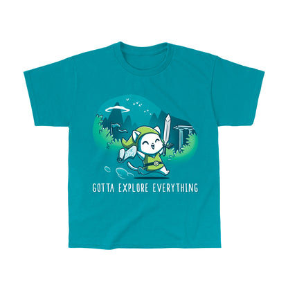 Classic Cotton T-shirt_TeeTurtle Gotta Explore Everything Tropical Blue t-shirt featuring an excited magical cat holding a map and sword running through the mountains.