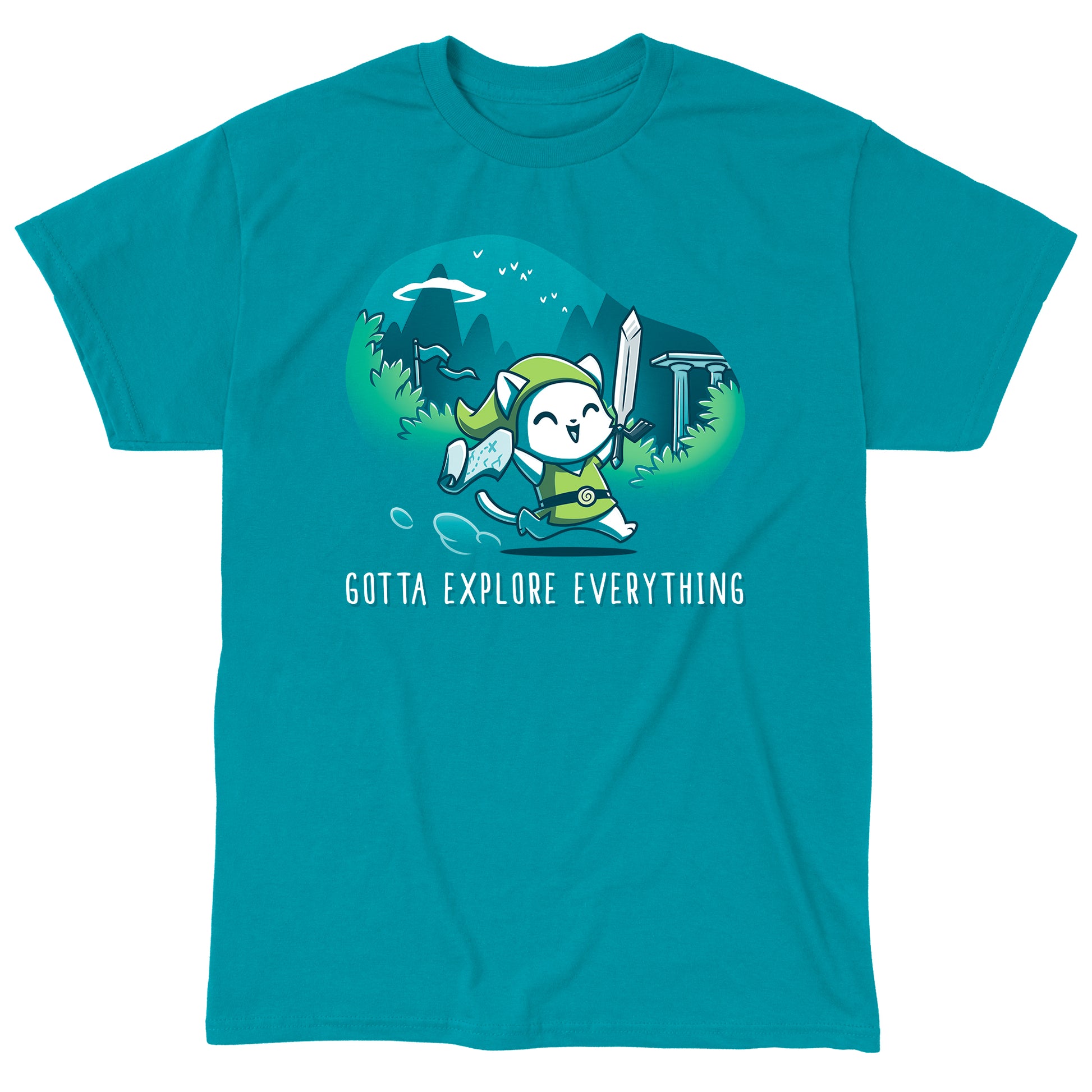 Classic Cotton T-shirt_TeeTurtle Gotta Explore Everything Tropical Blue t-shirt featuring an excited magical cat holding a map and sword running through the mountains.