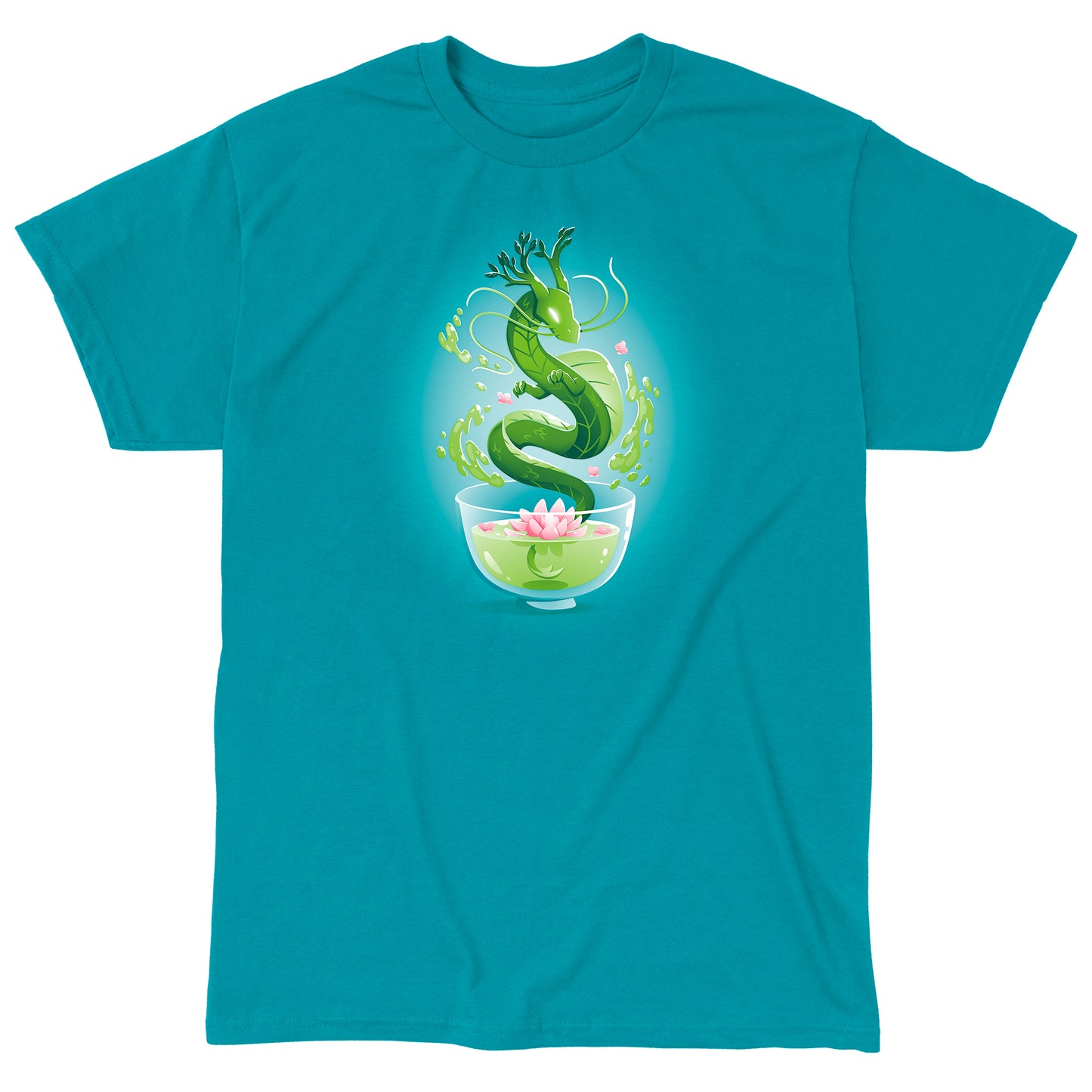 Classic Cotton T-shirt_TeeTurtle Green Tea Dragon Tropical Blue t-shirt featuring an artistic green dragon with leaf details coming out of a cup of green tea with lotus flowers inside.