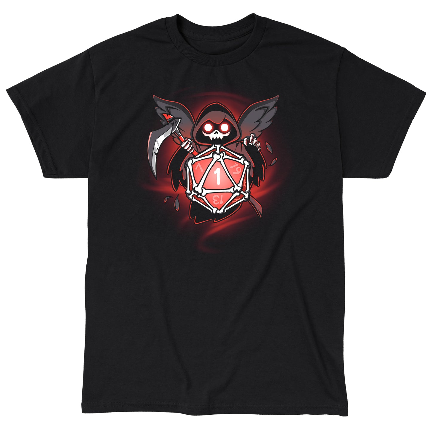 Classic Cotton T-shirt_TeeTurtle Grim Reaper's Roll black t-shirt featuring a hooded figure with wings and a scythe, holding a red 20-sided dice showing the number 1, surrounded by a dark, swirling background.