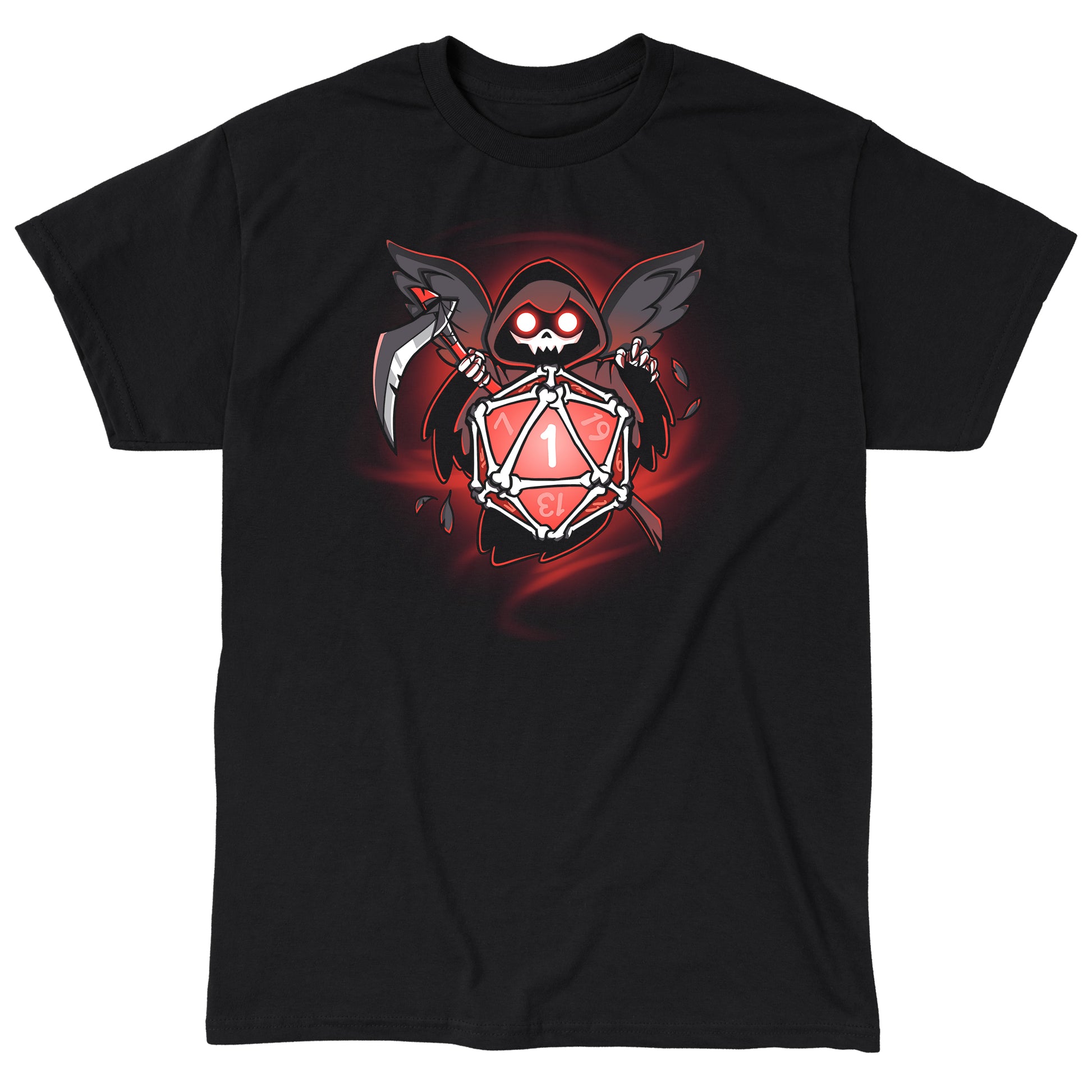 Classic Cotton T-shirt_TeeTurtle Grim Reaper's Roll black t-shirt featuring a hooded figure with wings and a scythe, holding a red 20-sided dice showing the number 1, surrounded by a dark, swirling background.