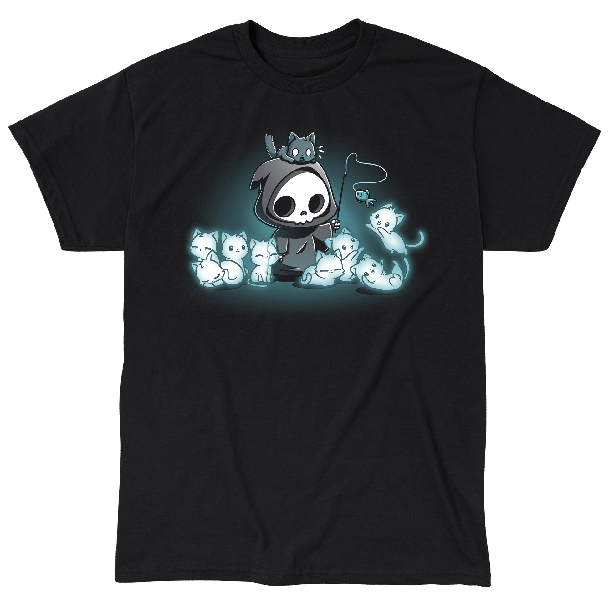 Classic Cotton T-shirt_TeeTurtle Grim and Kitties black t-shirt featuring a hooded skeleton figure, resembling a spooky Grim Reaper, standing surrounded by glowing ghostly cats. One cat is perched on its head while it playfully dangles a toy fish in front of the others.