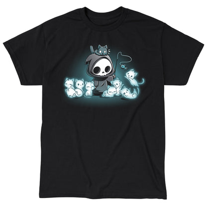 Classic Cotton T-shirt_TeeTurtle Grim and Kitties black t-shirt featuring a hooded skeleton figure, resembling a spooky Grim Reaper, standing surrounded by glowing ghostly cats. One cat is perched on its head while it playfully dangles a toy fish in front of the others.