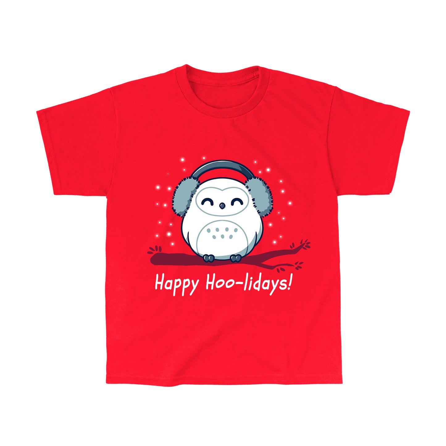 Classic Cotton T-shirt_TeeTurtle Happy Hoo-lidays red t-shirt featuring a cheerful snowy owl wearing earmuffs and sitting on a branch surrounded by falling snow.