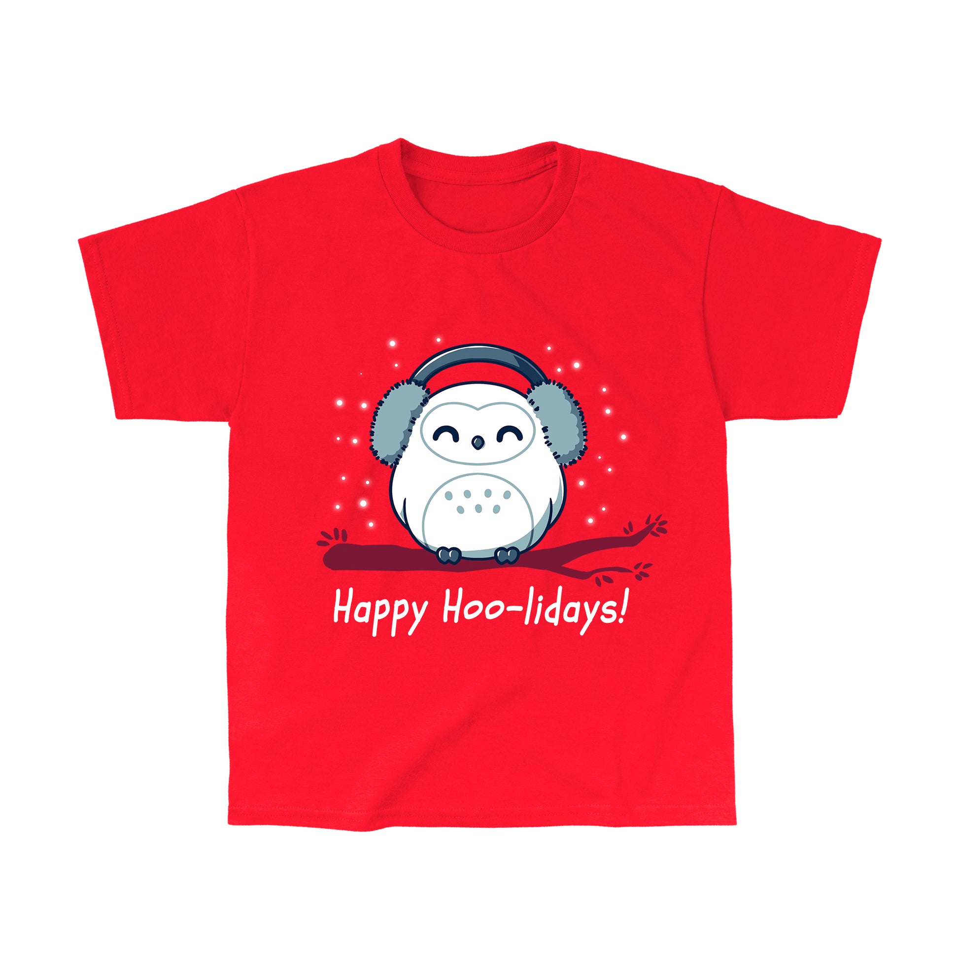 Classic Cotton T-shirt_TeeTurtle Happy Hoo-lidays red t-shirt featuring a cheerful snowy owl wearing earmuffs and sitting on a branch surrounded by falling snow.