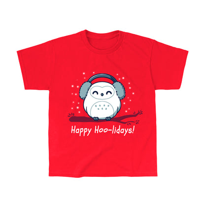 Classic Cotton T-shirt_TeeTurtle Happy Hoo-lidays red t-shirt featuring a cheerful snowy owl wearing earmuffs and sitting on a branch surrounded by falling snow.