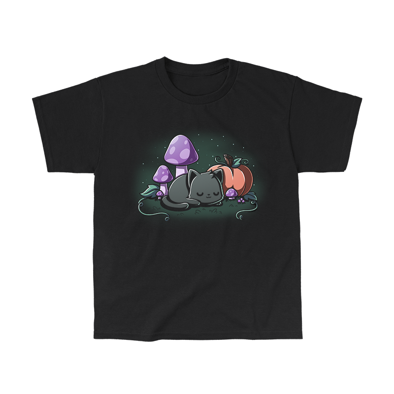 Classic Cotton T-shirt_TeeTurtle black Harvest Haze apparel featuring a black cat sleeping among a pumpkin and purple mushrooms.