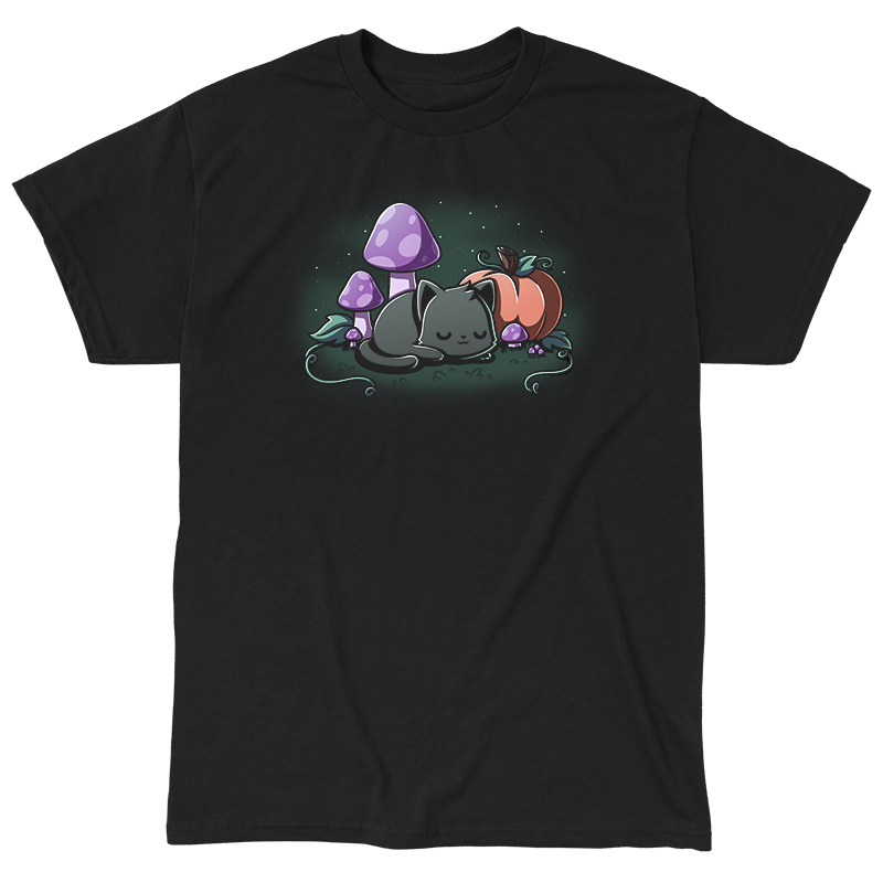 Classic Cotton T-shirt_TeeTurtle black Harvest Haze apparel featuring a black cat sleeping among a pumpkin and purple mushrooms.