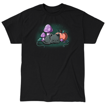 Classic Cotton T-shirt_TeeTurtle black Harvest Haze apparel featuring a black cat sleeping among a pumpkin and purple mushrooms.
