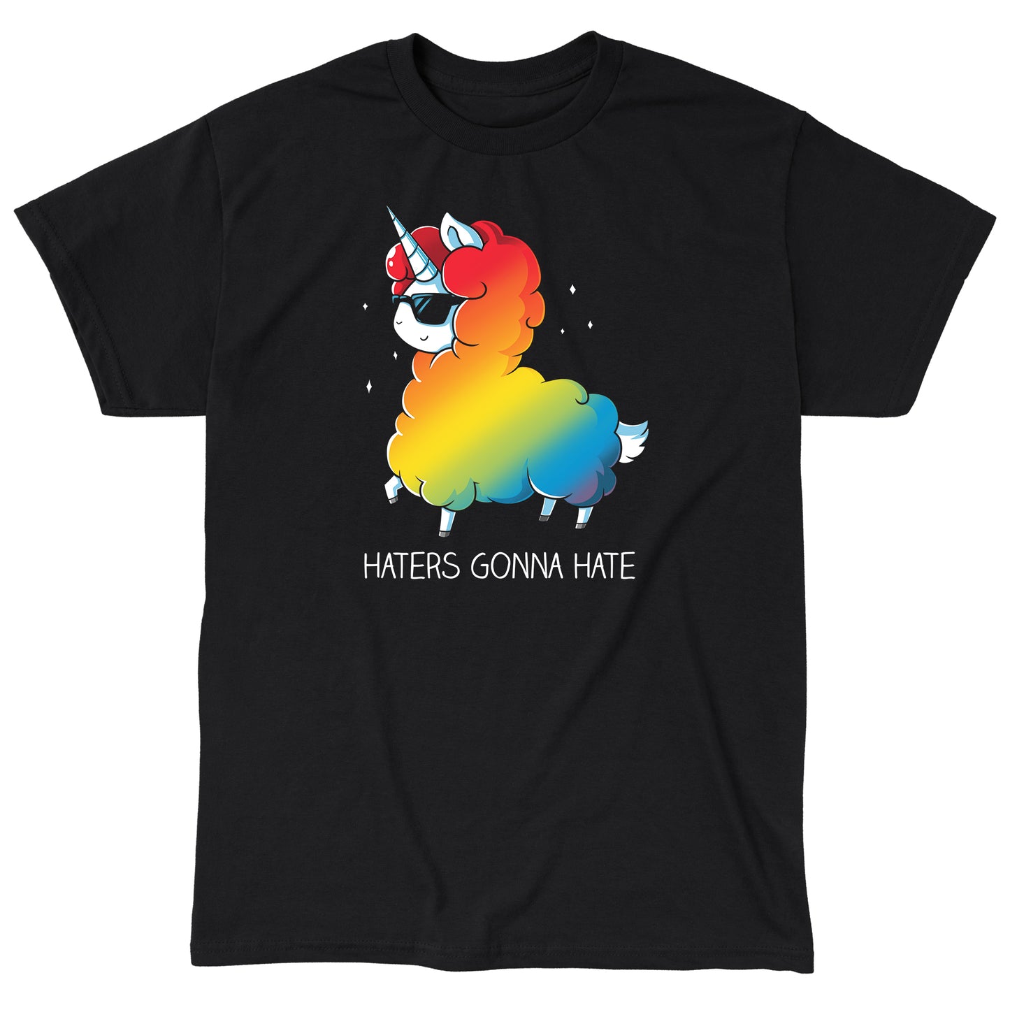 Classic Cotton T-shirt_Teeturtle Haters Gonna Hate black t-shirt featuring a llama-unicorn with a rainbow-colored fluffy body wearing sunglasses, walking confidently with the text "Haters Gonna Hate" below.