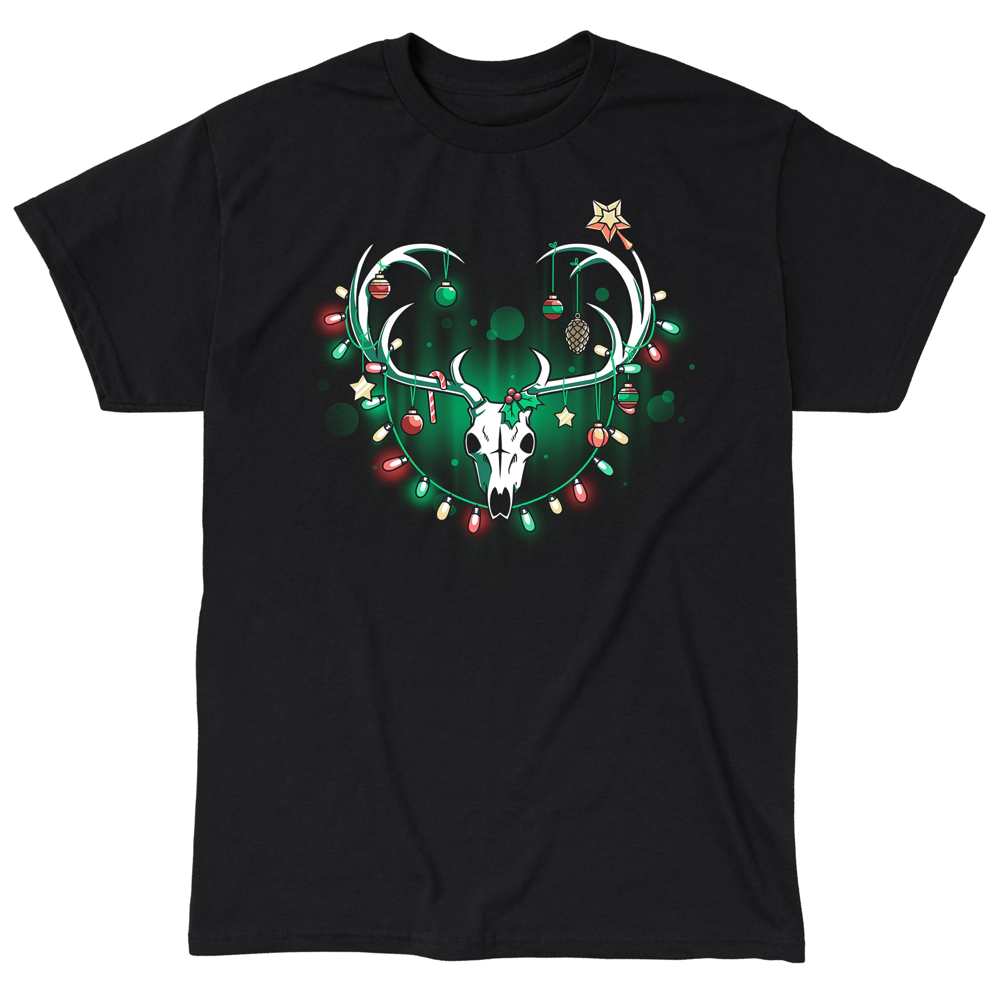 Classic Cotton T-shirt_TeeTurtle Haunting Holidays black t-shirt featuring an illustration of a white skull deer with its antlers decorated with red, yellow and green Christmas lights and ornaments such as small spheres, stars, pinecones, and candy canes.