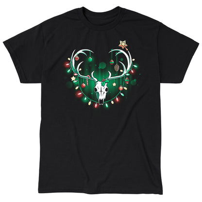 Classic Cotton T-shirt_TeeTurtle Haunting Holidays black t-shirt featuring an illustration of a white skull deer with its antlers decorated with red, yellow and green Christmas lights and ornaments such as small spheres, stars, pinecones, and candy canes.