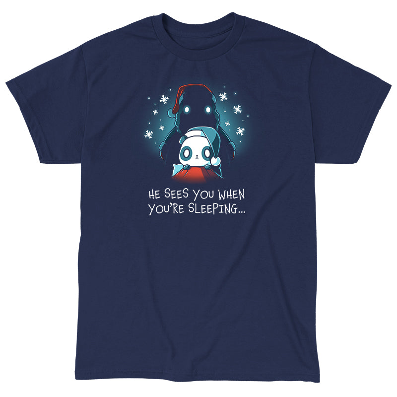 Classic Cotton T-shirt_TeeTurtle He Sees You When You're Sleeping navy blue t-shirt featuring a dark figure wearing a Santa hat with glowing eyes standing behind a worried-looking panda in bed also wearing a Santa hat. The shirt reads "He Sees You When You're Sleeping...".