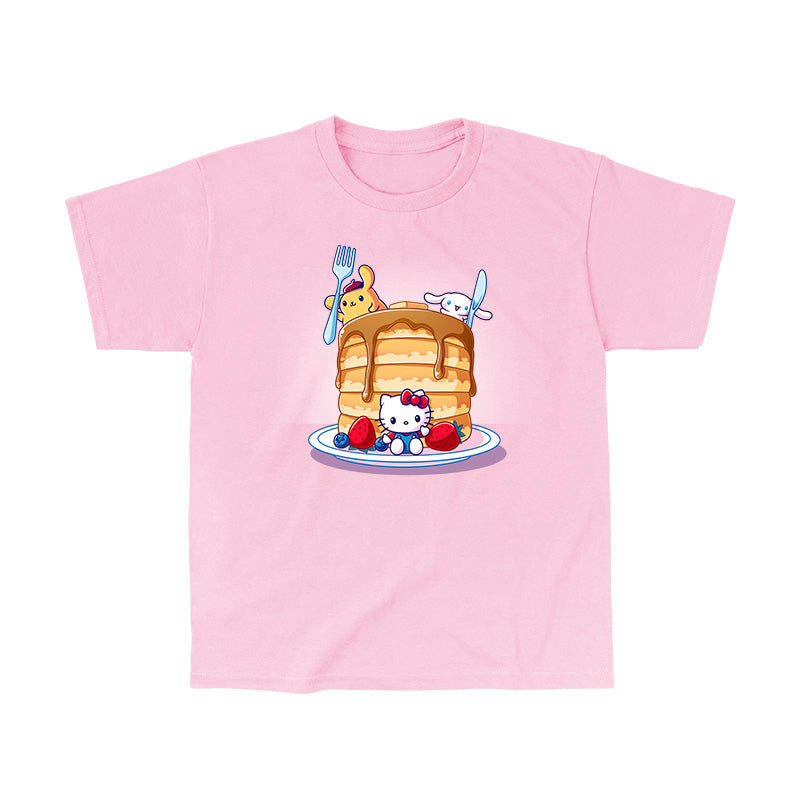 Classic Cotton T-shirt_TeeTurtle light pink Flapjacks and Friends apparel featuring Hello Kitty sitting in the middle of some strawberries and blueberries, Cinnamoroll holding a giant knife, and Pompompurin holding a giant fork with a giant stack of pancakes.
