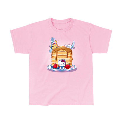 Classic Cotton T-shirt_TeeTurtle light pink Flapjacks and Friends apparel featuring Hello Kitty sitting in the middle of some strawberries and blueberries, Cinnamoroll holding a giant knife, and Pompompurin holding a giant fork with a giant stack of pancakes.