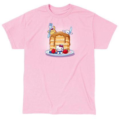 Classic Cotton T-shirt_TeeTurtle light pink Flapjacks and Friends apparel featuring Hello Kitty sitting in the middle of some strawberries and blueberries, Cinnamoroll holding a giant knife, and Pompompurin holding a giant fork with a giant stack of pancakes.