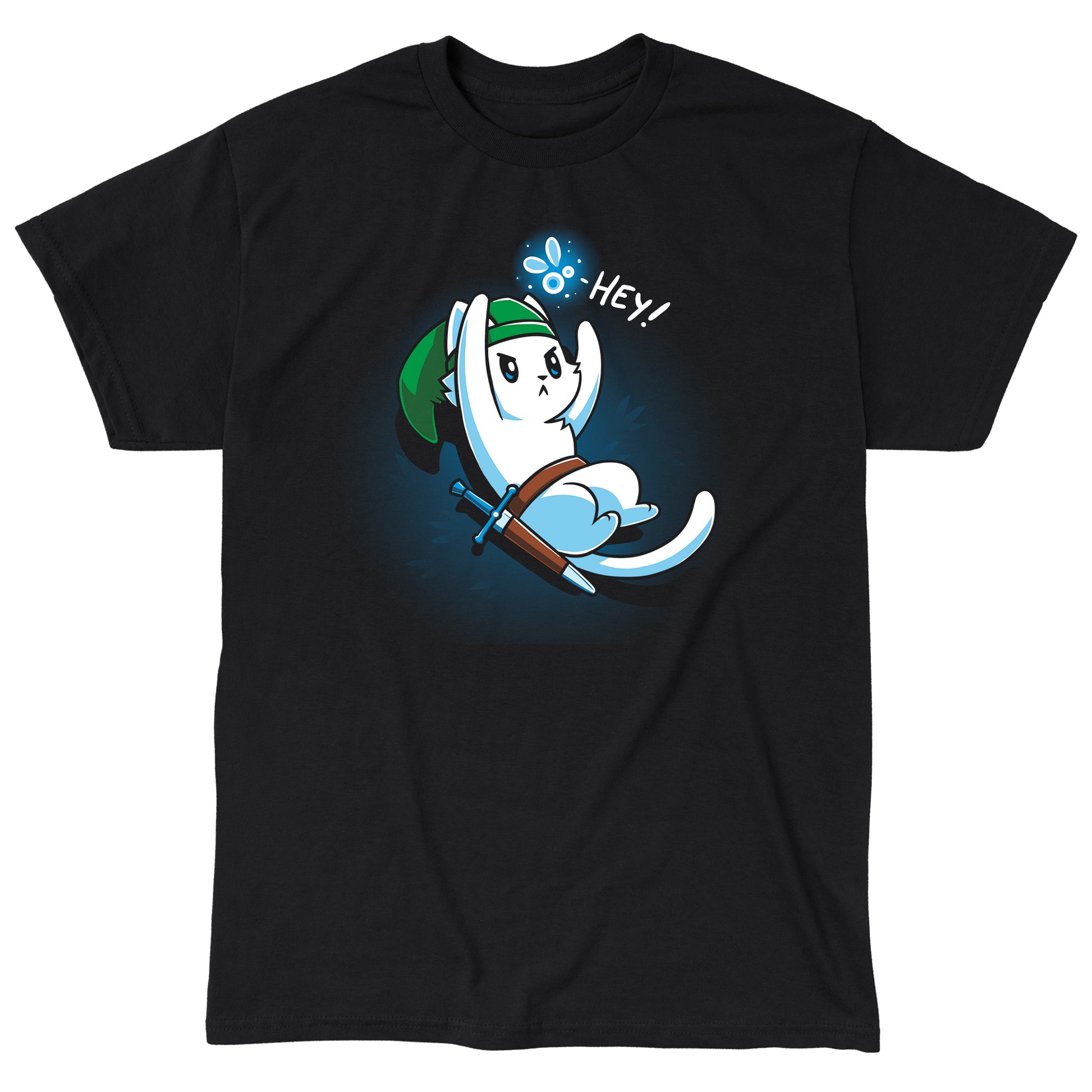 Classic Cotton T-shirt_A cartoon white cat dressed as a warrior with a green hat, holding a sword, looks up on this black monsterdigital apparel. An animated creature above its head says "Hey!" in this super soft ringspun cotton tee.