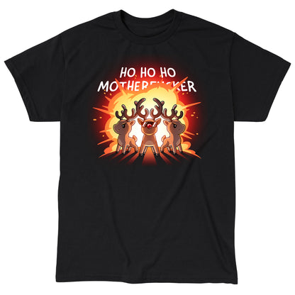 Classic Cotton T-shirt_TeeTurtle black Ho Ho Ho Mother***ker apparel featuring three reindeer with an explosion behind them.