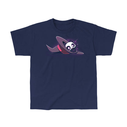Classic Cotton T-shirt_TeeTurtle navy blue Hocus Purrcus apparel featuring a black cat with a skeleton mask peeking out of a purple witch hat lying on its side.