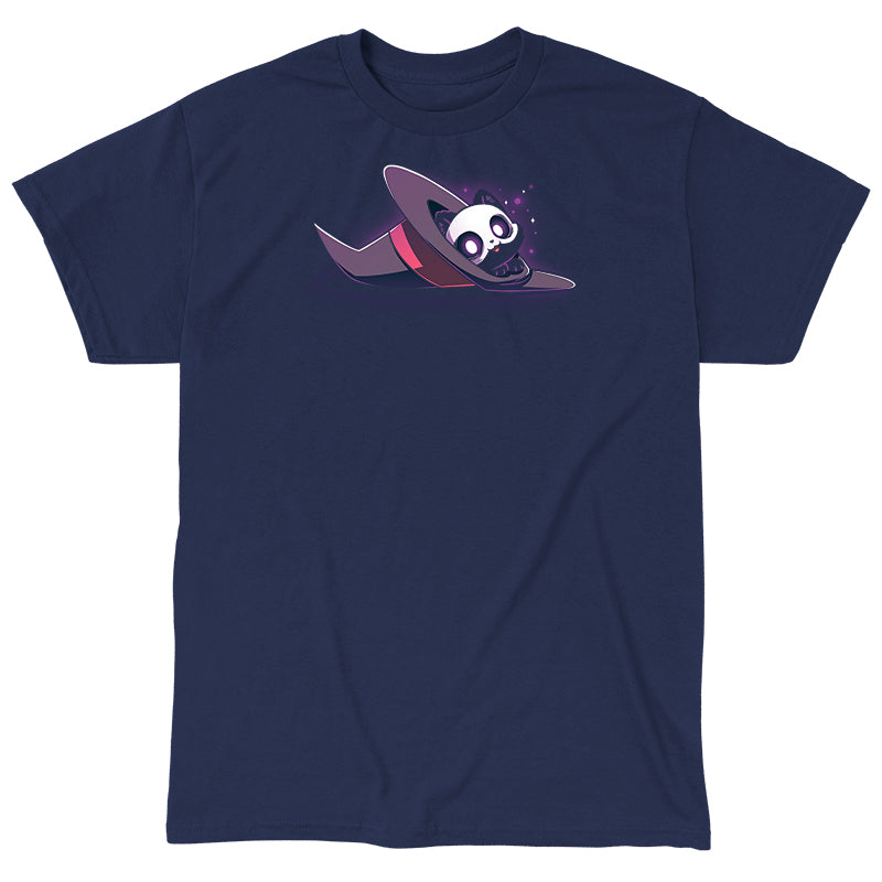 Classic Cotton T-shirt_TeeTurtle navy blue Hocus Purrcus apparel featuring a black cat with a skeleton mask peeking out of a purple witch hat lying on its side.