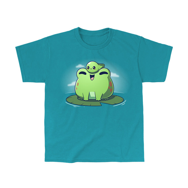 Classic Cotton T-shirt_TeeTurtle Hoppy Family Tropical blue t-shirt featuring a cute frog and tadpole.
