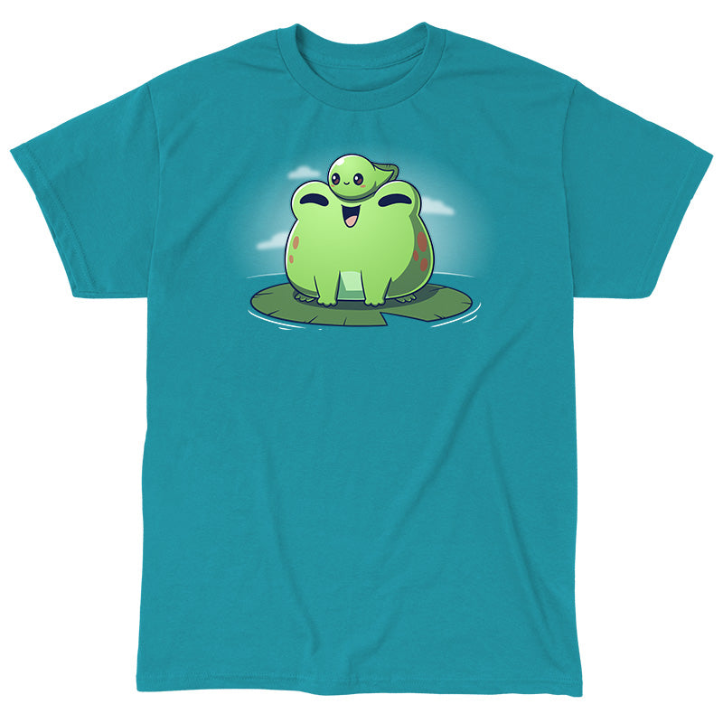 Classic Cotton T-shirt_TeeTurtle Hoppy Family Tropical blue t-shirt featuring a cute frog and tadpole.
