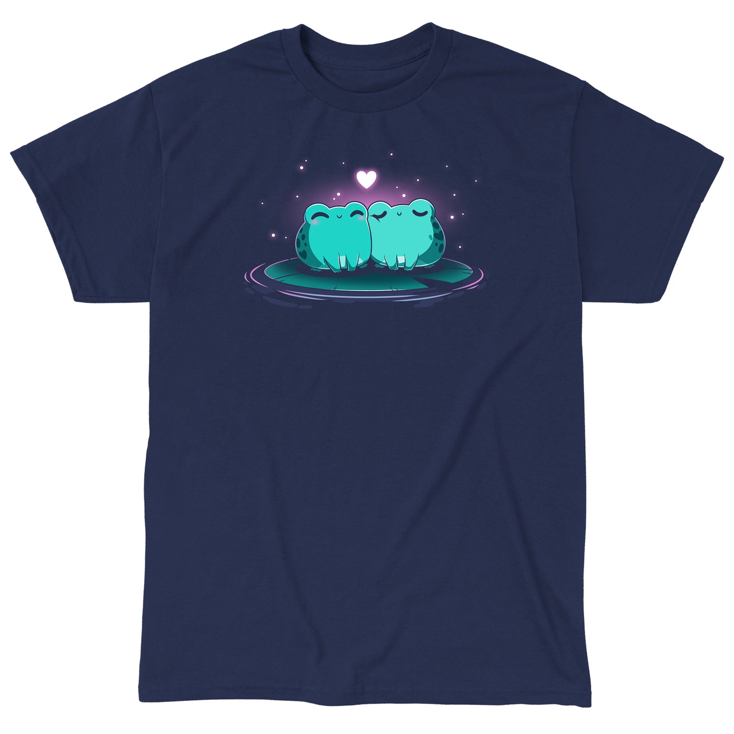 Classic Cotton T-shirt_TeeTurtle Hoppy Together navy blue t-shirt featuring two cute green frogs sitting together on a lily pad, surrounded by glowing stars with a floating heart above them.