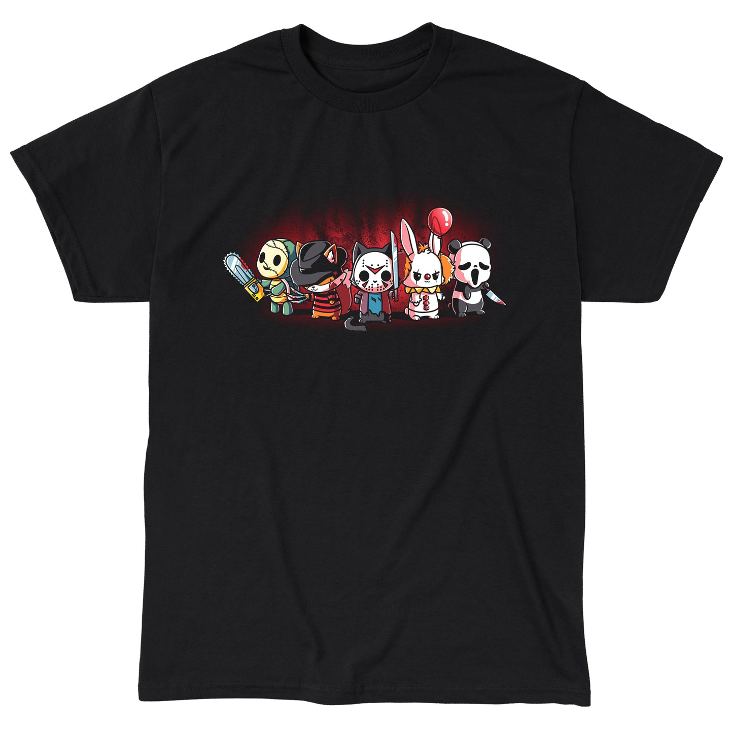 Classic Cotton T-shirt_TeeTurtle black Horror Crew. Featuring several animals dressed up as famous horror media characters.