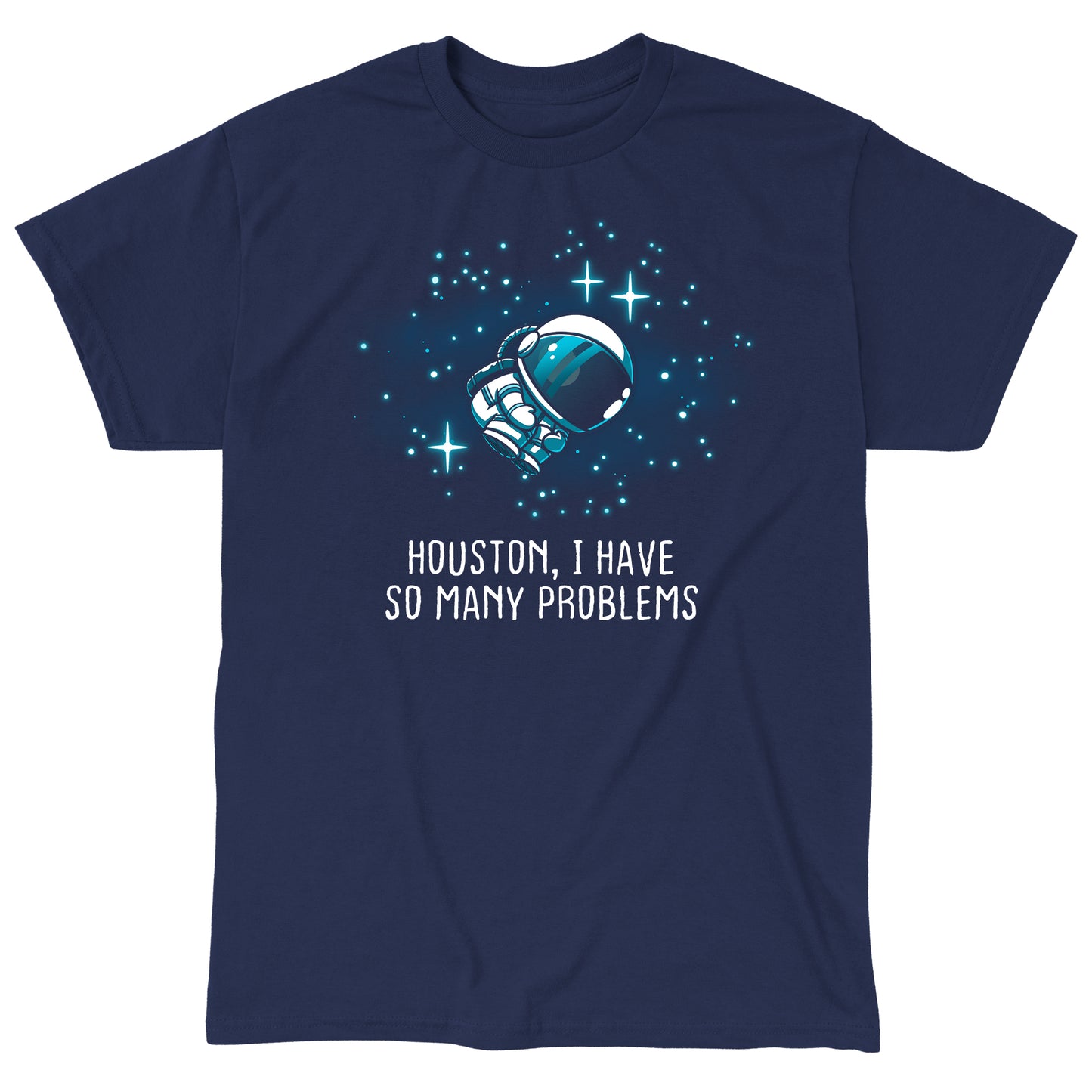 Classic Cotton T-shirt_TeeTurtle navy blue Houston, I Have So Many Problems t-shirt featuring an anxious astronaut floating in space.