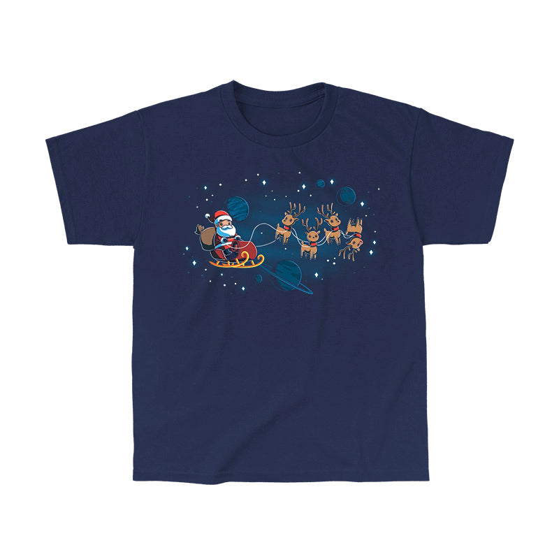 Classic Cotton T-shirt_TeeTurtle navy blue Houston, We Have a Santa apparel featuring Santa Claus on a sleigh with his reindeer floating in space with plants and stars in the background.