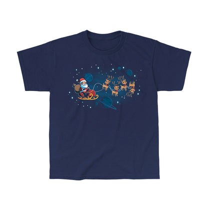 Classic Cotton T-shirt_TeeTurtle navy blue Houston, We Have a Santa apparel featuring Santa Claus on a sleigh with his reindeer floating in space with plants and stars in the background.