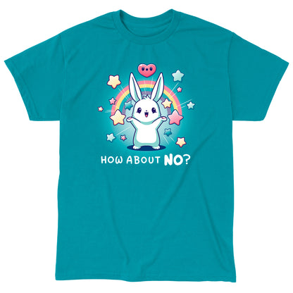 Classic Cotton T-shirt_TeeTurtle How About No? tropical blue t-shirt featuring a happy bunny with stars, hearts and rainbows. The text reads, "How About No?"