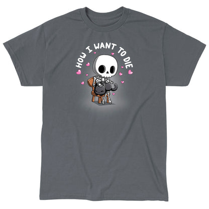 Classic Cotton T-shirt_TeeTurtle charcoal gray How I Want To Die apparel featuring a skeleton sitting on a chair petting a black cat surrounded by pink hearts with the caption, "How I Want To Die".