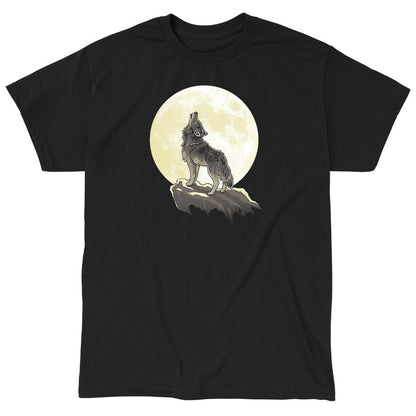 Classic Cotton T-shirt_TeeTurtle Howl at the Moon (Glow) black t-shirt featuring a wolf standing on a ledge howling with a full moon in the background.