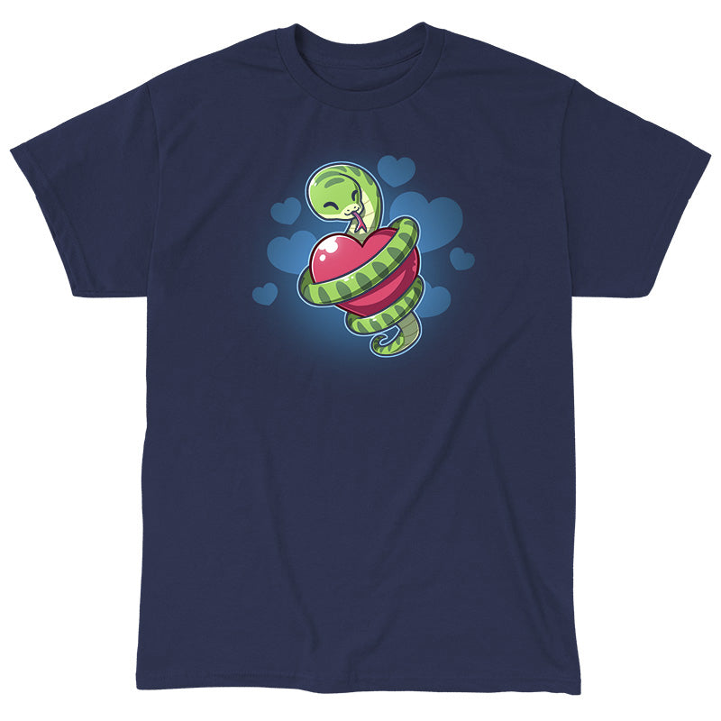 Classic Cotton T-shirt_TeeTurtle  navy blue Hugs and Hisses apparel featuring a green snake coiled around a red heart with blue hearts in the background.