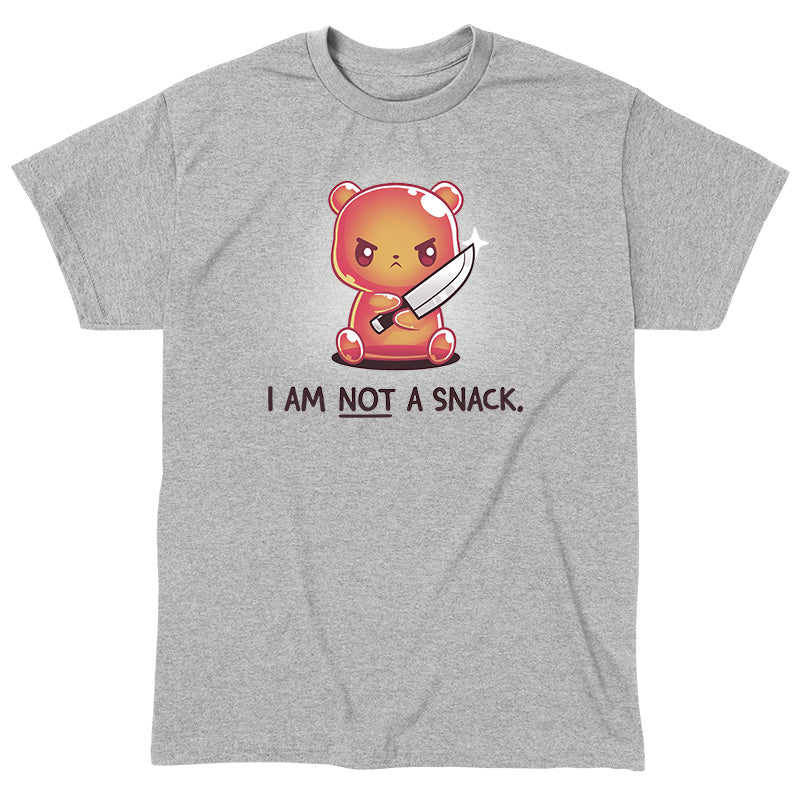 Classic Cotton T-shirt_TeeTurtle I Am Not A Snack heather gray t-shirt featuring a semi-translucent orange gummy bear holding a large kitchen knife looking angry. Beneath it there's text saying "I am not a snack"