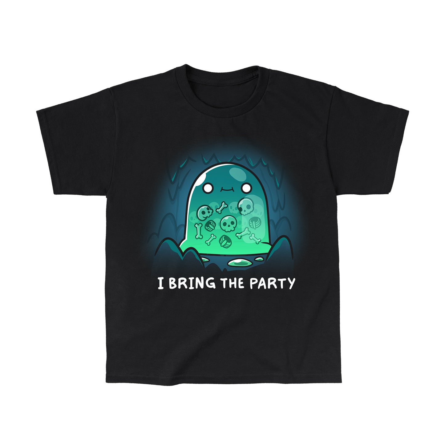 Classic Cotton T-shirt_TeeTurtle black I Bring the Party t-shirt featuring a giant slime monster with a small smile with multiple bones that can be seen in its transparent body inside a cave.