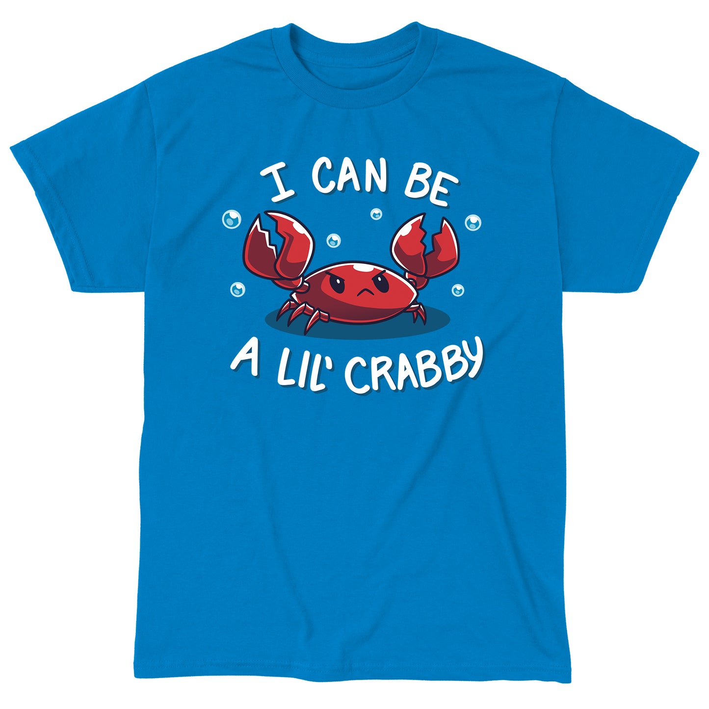 Classic Cotton T-shirt_Teeturtle I Can Be a Lil' Crabby sapphire blue t-shirt featuring a grumpy little cartoon crab with 'I can be a lil' crabby' written above and below the image.