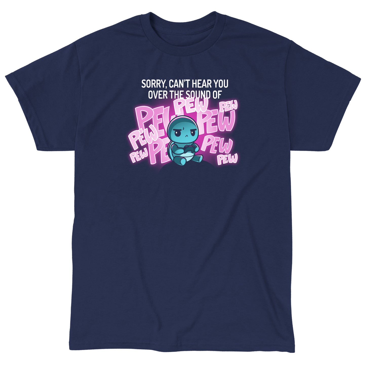 Classic Cotton T-shirt_TeeTurtle I Can't Hear You navy blue t-shirt featuring a turtle wearing headphones and holding a video game controller with text saying, "Sorry, can't hear you over the sound of PEW PEW PEW" in the background.