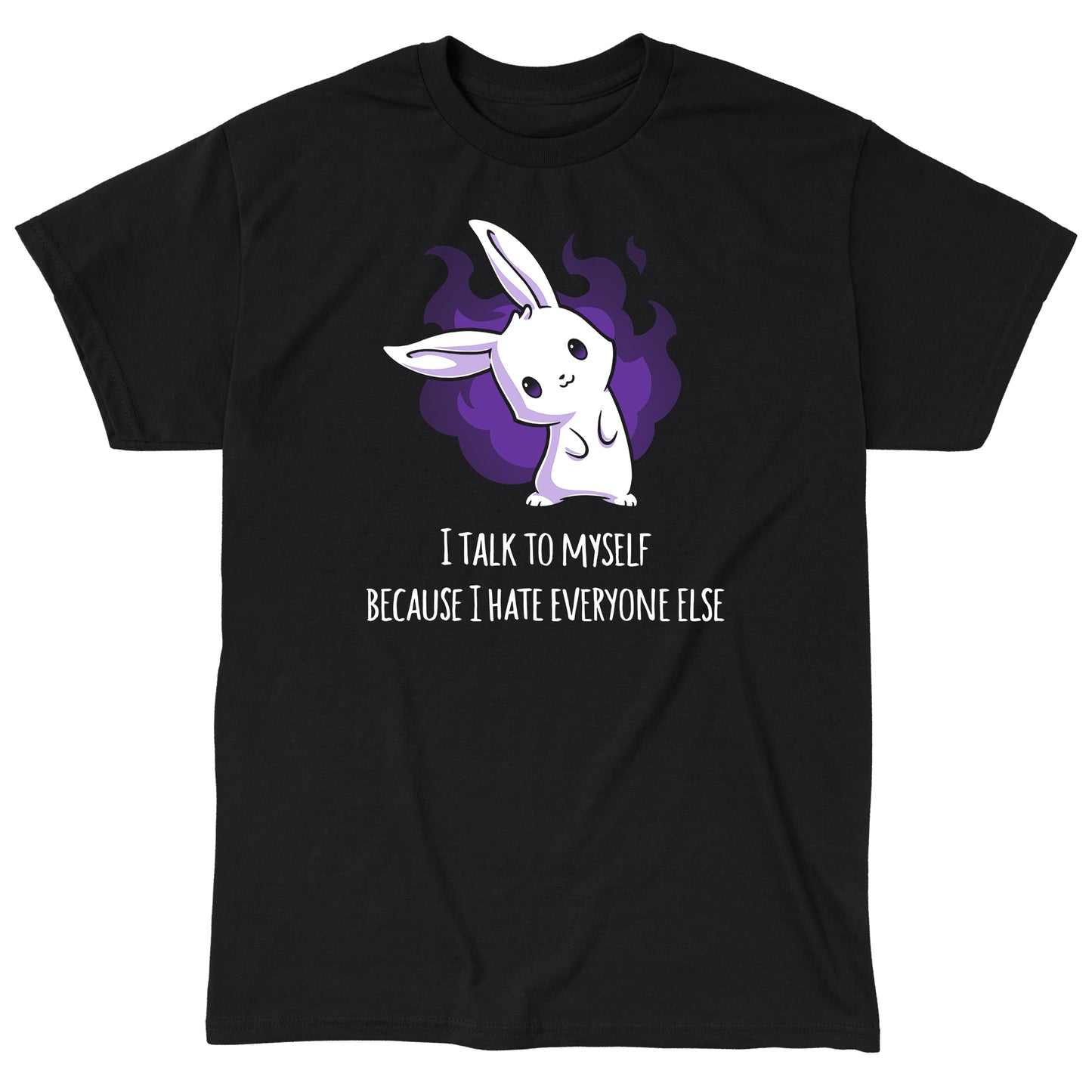 Classic Cotton T-shirt_TeeTurtle I Hate Everyone black t-shirt featuring a white bunny with a mischievous expression standing in front of a purple flame. Text below reads, "I talk to myself because I hate everyone else."