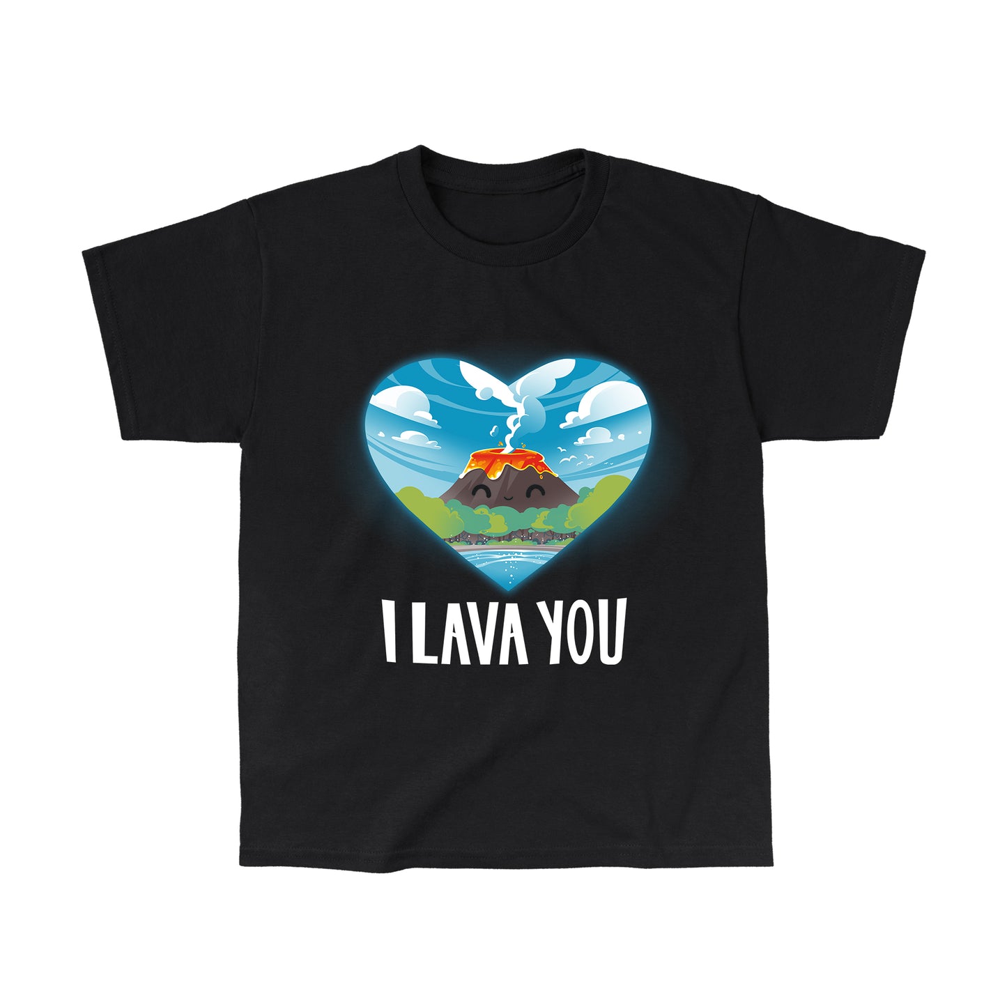 Classic Cotton T-shirt_An illustration of a smiling volcano with lava, surrounded by trees and water, inside a heart shape. The text below reads "I LAVA YOU." This I Lava You apparel by monsterdigital is made from super soft ringspun cotton for ultimate comfort. Suitable for everyone, it's the perfect unisex tee!