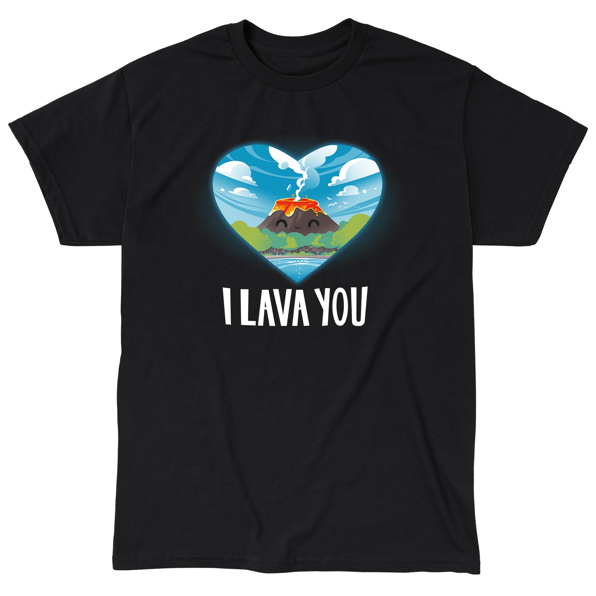 Classic Cotton T-shirt_An illustration of a smiling volcano with lava, surrounded by trees and water, inside a heart shape. The text below reads "I LAVA YOU." This I Lava You apparel by monsterdigital is made from super soft ringspun cotton for ultimate comfort. Suitable for everyone, it's the perfect unisex tee!