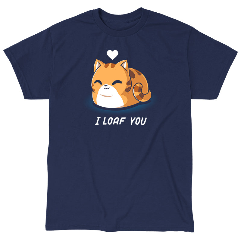 Classic Cotton T-shirt_TeeTurtle I Loaf You navy blue t-shirt featuring a smiling, loaf-shaped orange cat with a heart above its head and the caption "I Loaf You."