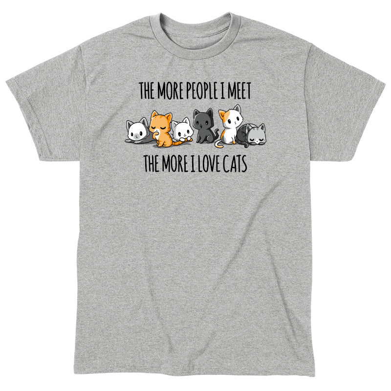 Classic Cotton T-shirt_TeeTurtle I Love Cats heather gray t-shirt featuring an illustration of six cats sitting in a row with the text "The more people I meet, the more I love cats."