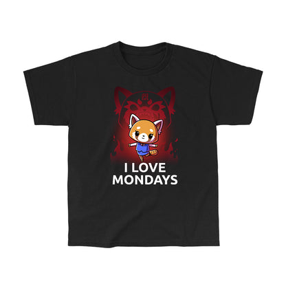 Classic Cotton T-shirt_TeeTurtle black I Love Mondays apparel featuring Retsuko in a happy pose with a red enraged spirit projection of her in the background, and the caption, “I Love Mondays“.