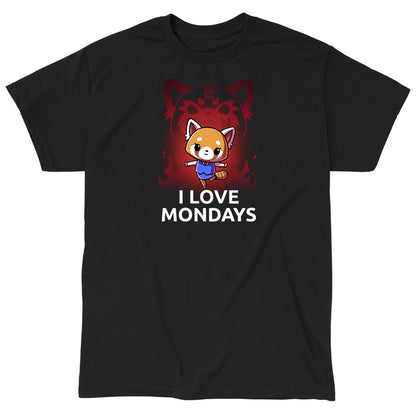 Classic Cotton T-shirt_TeeTurtle black I Love Mondays apparel featuring Retsuko in a happy pose with a red enraged spirit projection of her in the background, and the caption, “I Love Mondays“.