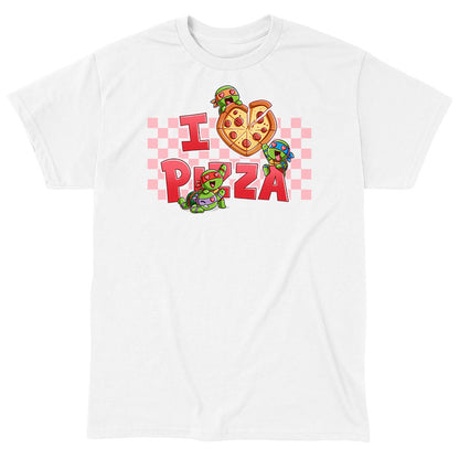 Classic Cotton T-shirt_TeeTurtle white I Love Pizza apparel featuring the caption, “I Heart Pizza“, with the heart as a heart-shaped pizza, and Leonardo, Michelangelo, Donatello, and Raphael with heart eyes fighting over the pizza.