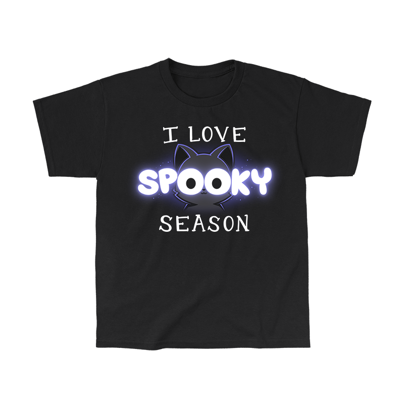 Classic Cotton T-shirt_TeeTurtle black I Love Spooky Season apparel featuring the caption, "I Love Spooky Season" with the two Os formed by the large eyes of a black cat.