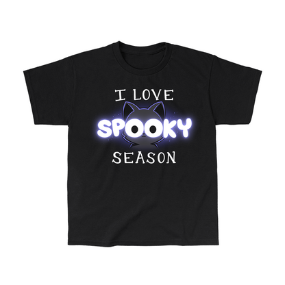 Classic Cotton T-shirt_TeeTurtle black I Love Spooky Season apparel featuring the caption, "I Love Spooky Season" with the two Os formed by the large eyes of a black cat.