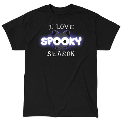 Classic Cotton T-shirt_TeeTurtle black I Love Spooky Season apparel featuring the caption, "I Love Spooky Season" with the two Os formed by the large eyes of a black cat.